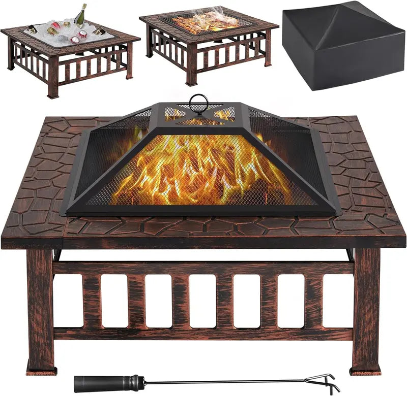 Yaheetech 32-Inch Square Fire Pit Table – Multifunctional Outdoor Heating Unit for Patios, Gardens, Camping & Picnics