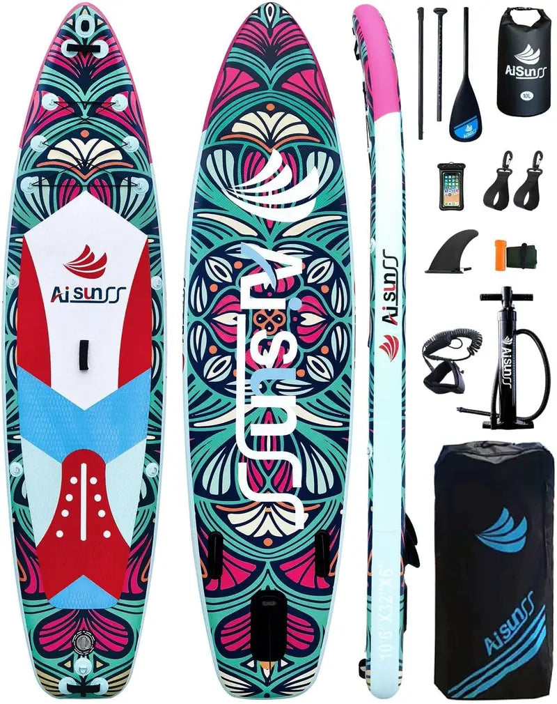Wide Inflatable SUP Board Bundle – Comes with Carry Bag, Hand Pump, 10L Dry Bag & Height-Adjustable Paddle