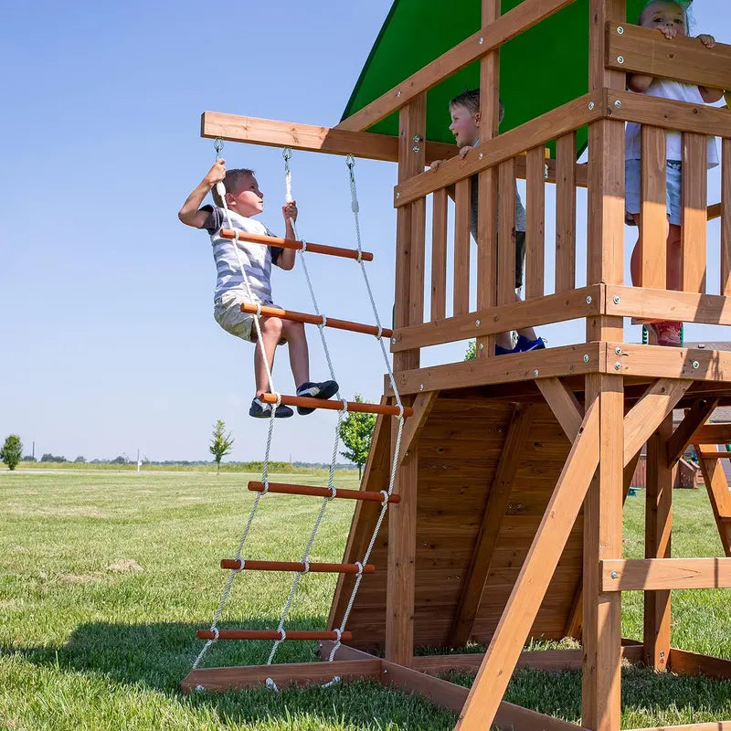 Wooden Mountain-Themed Swing Set – Includes Canopy Shade, Wave Slide, Rope & Net Swings, Rock Wall, Ladders & Steering Wheel