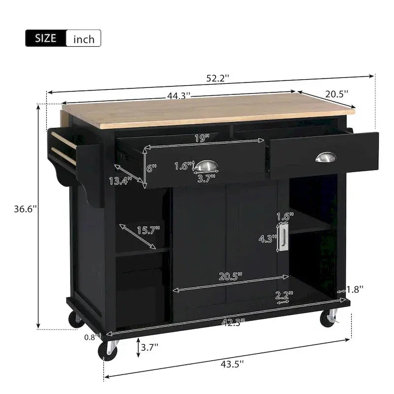 Rubberwood Kitchen Island Cart – Drop-Leaf Countertop, Concealed Barn Door Storage, and 4 Locking Casters
