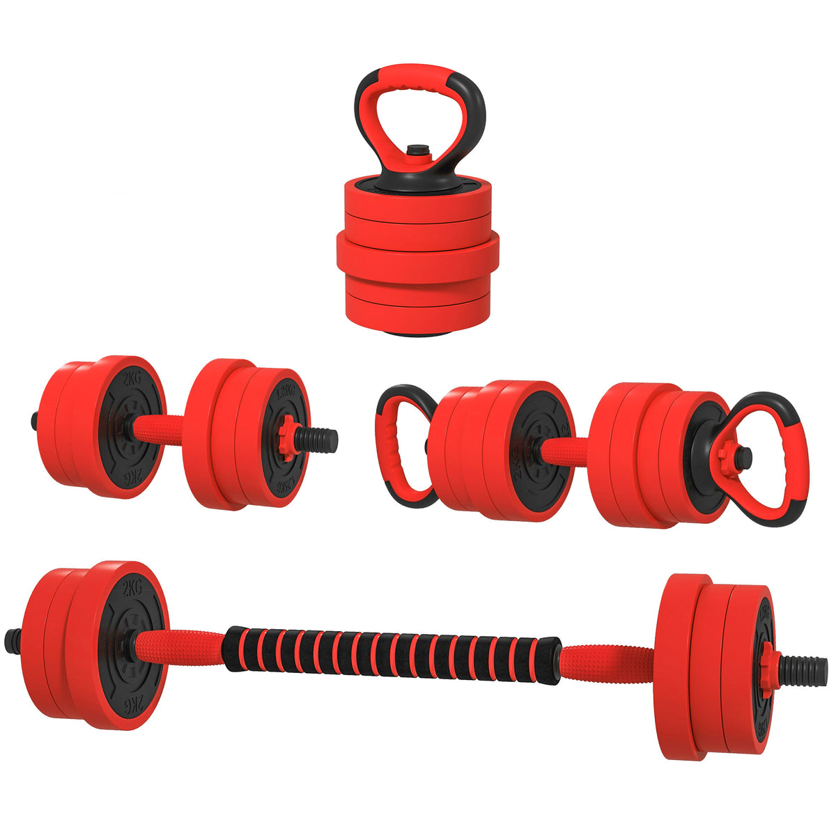 SPORTNOW Set Pesi da Palestra 4 in 1 da 20kg, in Kettlebell umwandelbar, 2 Hanteln, Langhantel und Liegestützgriff, Rot