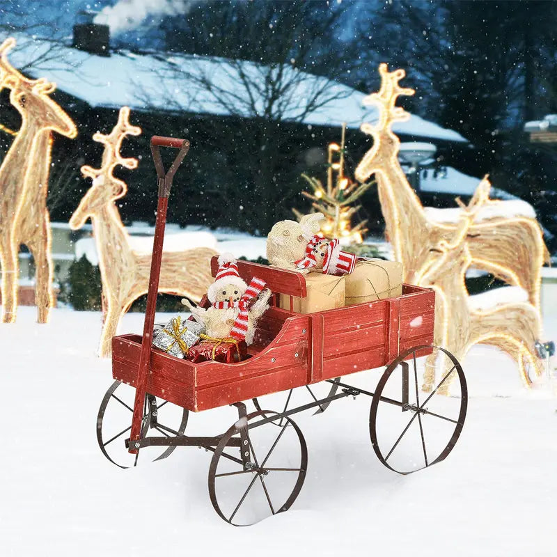 Wooden Wheeled Wagon Planter – Decorative Rolling Garden Planter for Patios and Landscapes