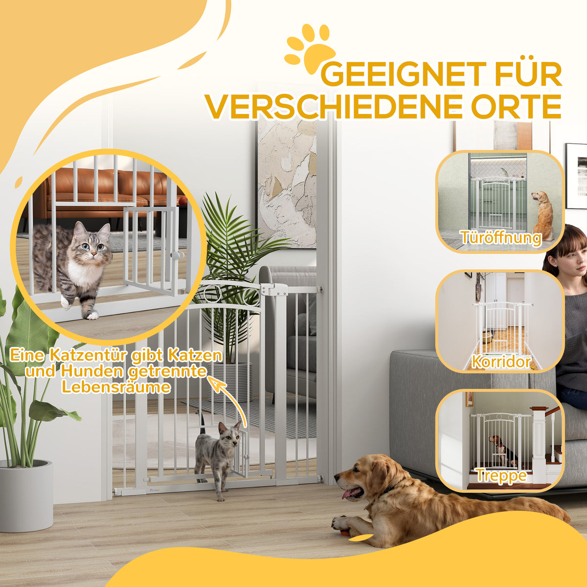 PawHut Haustiertor, 96 cm Treppengatter, verstellbare Breite 76-104 cm, mit Katzentür, für Treppen und Türöffnungen, Weiß