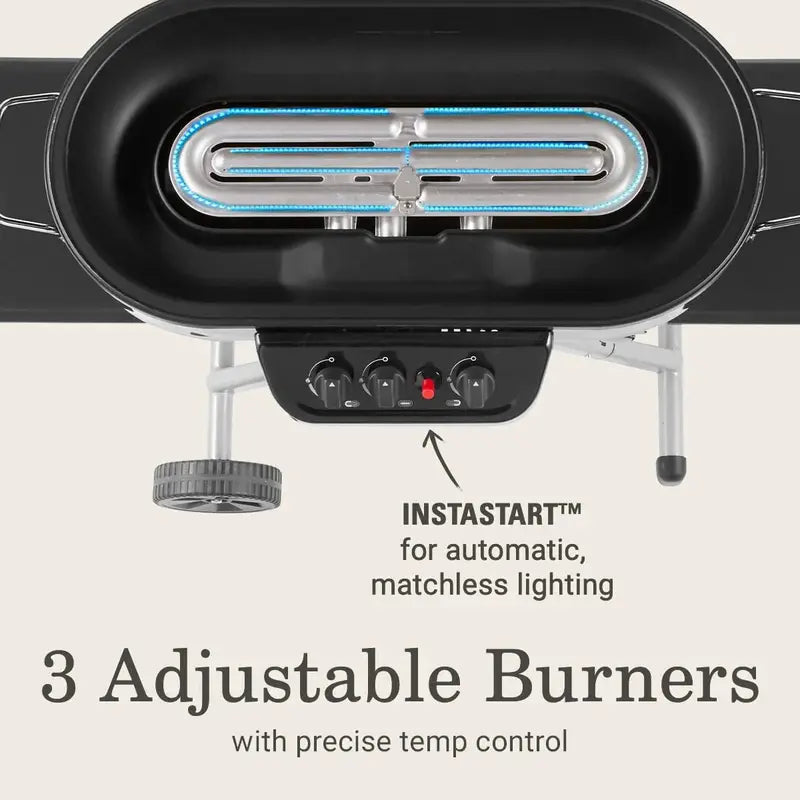RoadTrip Portable Propane Grill with Three Adjustable Burners, InstaStart Ignition, and 20,000 BTU Output