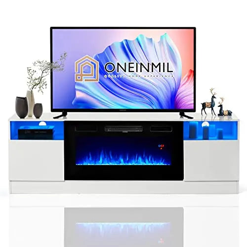 Oneinmil Fireplace TV Stand – 36-Inch Electric Fireplace Entertainment Center in White Wood Finish