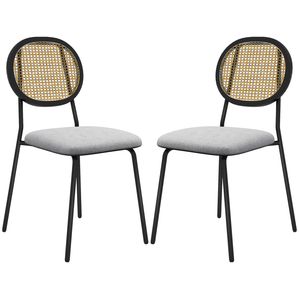 HOMCOM Set mit 2 Dining-Stühlen, Küchenstühle, Rattanrücken, atmungsaktiver Stoff, Stahlrahmen, 44 x 54 x 87 cm, Grau