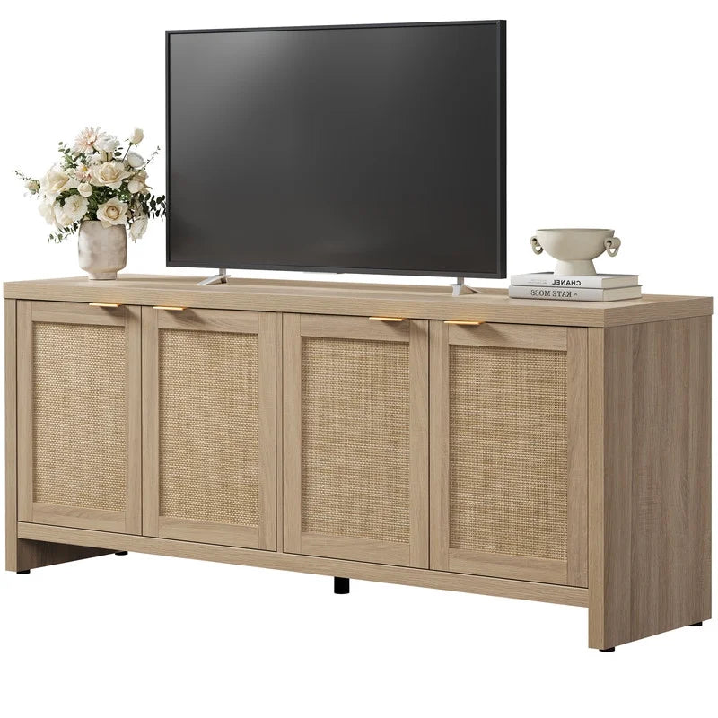 SICOTAS 61.5"w Rattan TV Stand with 4 Doors, Boho Entertainment Center with Adjustable Shelves & Spacious Countertop - Large Boho Farmhouse Media Console for Living Room, Reclaimed Caramel Oak