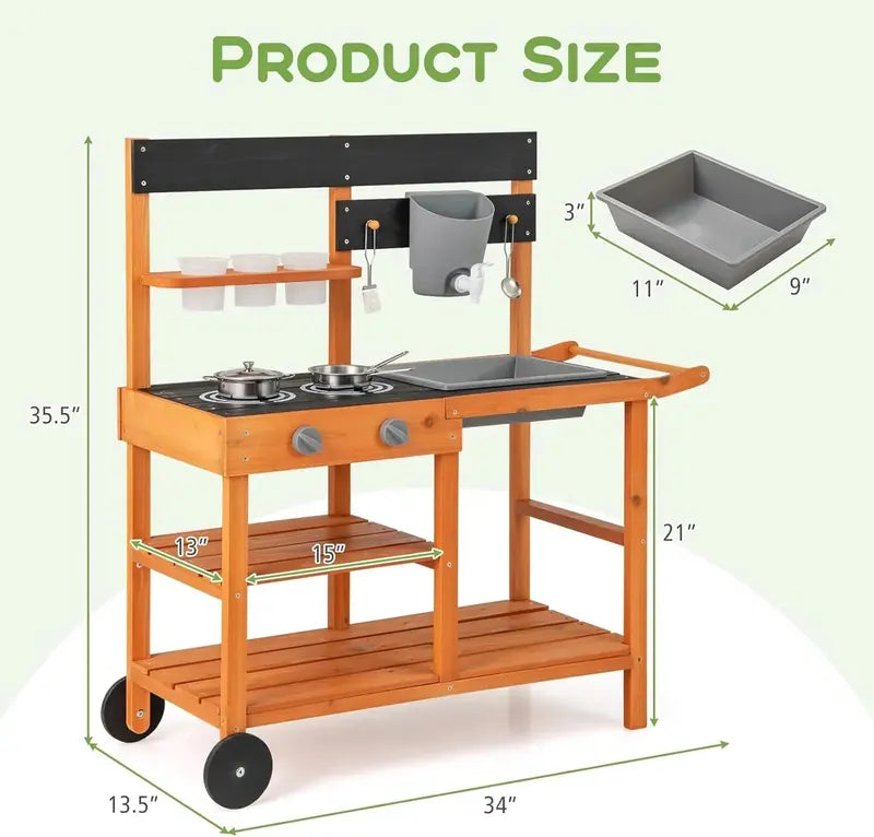 OLAKIDS Outdoor Mud Kitchen Playset – Rolling Wooden Kids' Cooking Station with Removable Sink, Accessories, and All-Terrain Wheels for Ages 3+