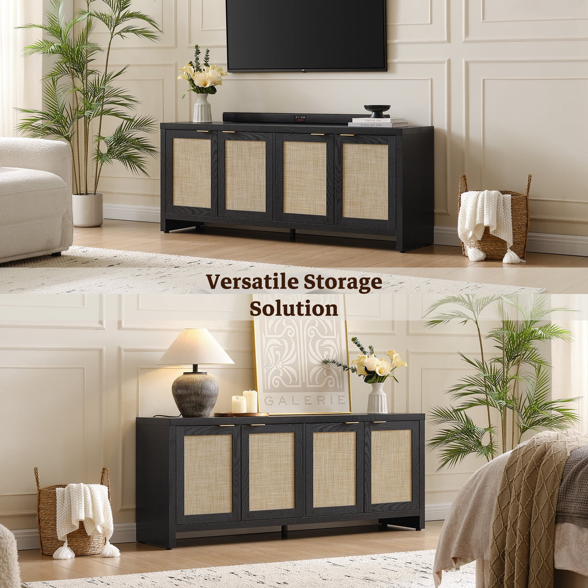 SICOTAS 61.5"w Rattan TV Stand with 4 Doors, Boho Entertainment Center with Adjustable Shelves & Spacious Countertop - Large Boho Farmhouse Media Console for Living Room, Reclaimed Caramel Oak
