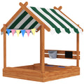 Outsunny Sandkasten mit Sonnenschutz, Spielhaus-Design, mit Spielzeug-Set, behandeltes Massivholz, 124 x 116 x 146 cm, Grün