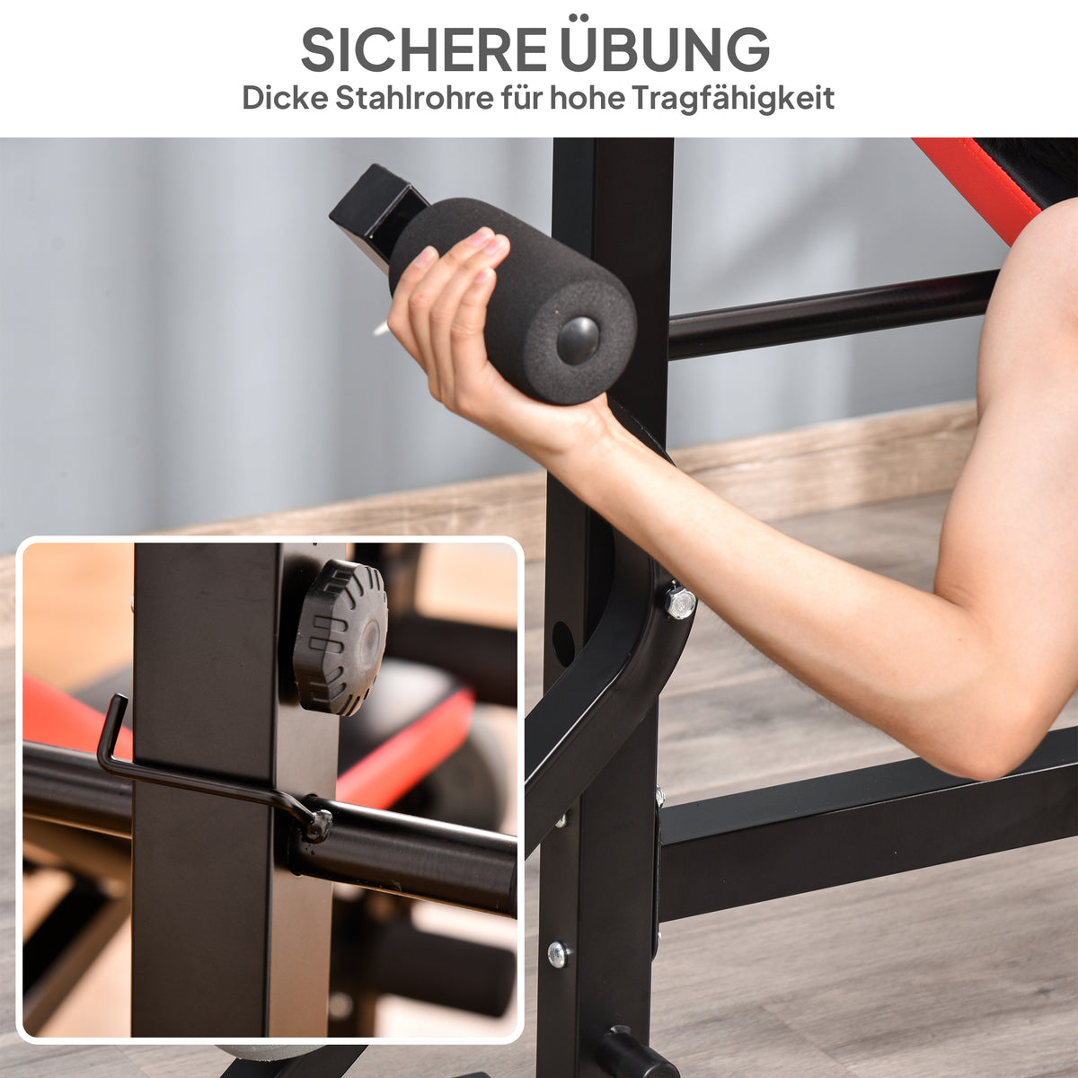 HOMCOM Hantelbank ohne Gewichte, verstellbare Fitnessbank für zahlreiche Übungen,  Workout-Station, Stahl, Kunststoff, Schwarz+Rot