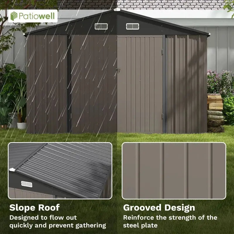 Patiowell 10′ x 10′ Heavy-Duty Metal Storage Shed – Sloped Roof Design with Dual Lockable Doors