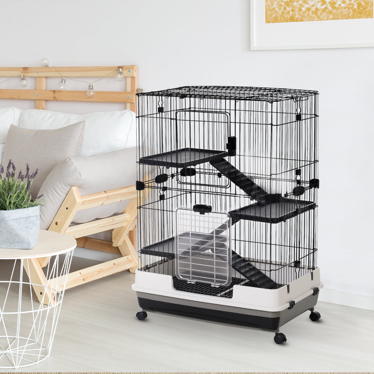 PawHut Kleintierkäfig mit 4 Räder Käfig 3 Öffnungen 2 Plattformen Metall Schwarz 81,2 cm x 52,7 cm x 110 cm