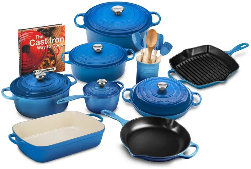 Premium 20-Piece Cast Iron Cookware Collection Including Skillet and Lidded Saucepan