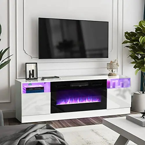 Oneinmil Fireplace TV Stand – 36-Inch Electric Fireplace Entertainment Center in White Wood Finish