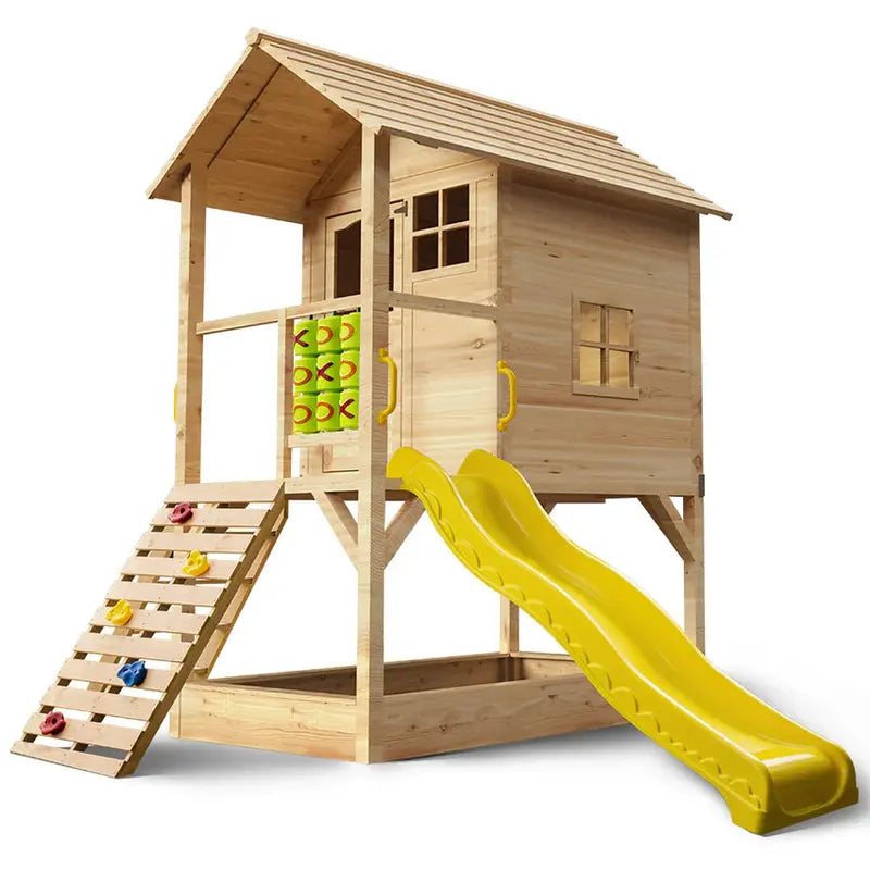 ROVO KIDS Wooden Tower Playhouse – Outdoor Cubby House with Slide, Climbing Wall & Sandpit
