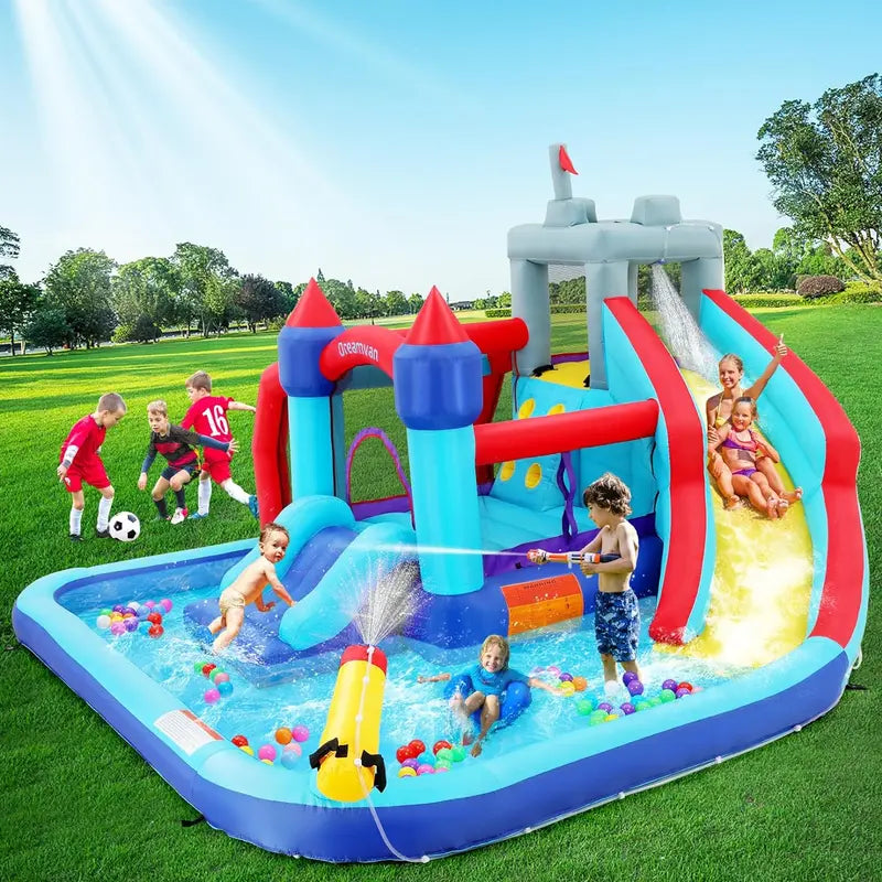 ROOJER Crocodile Water Park 8-in-1 Inflatable Slide & Bounce House with Blower, Pool & Cannons for Kids