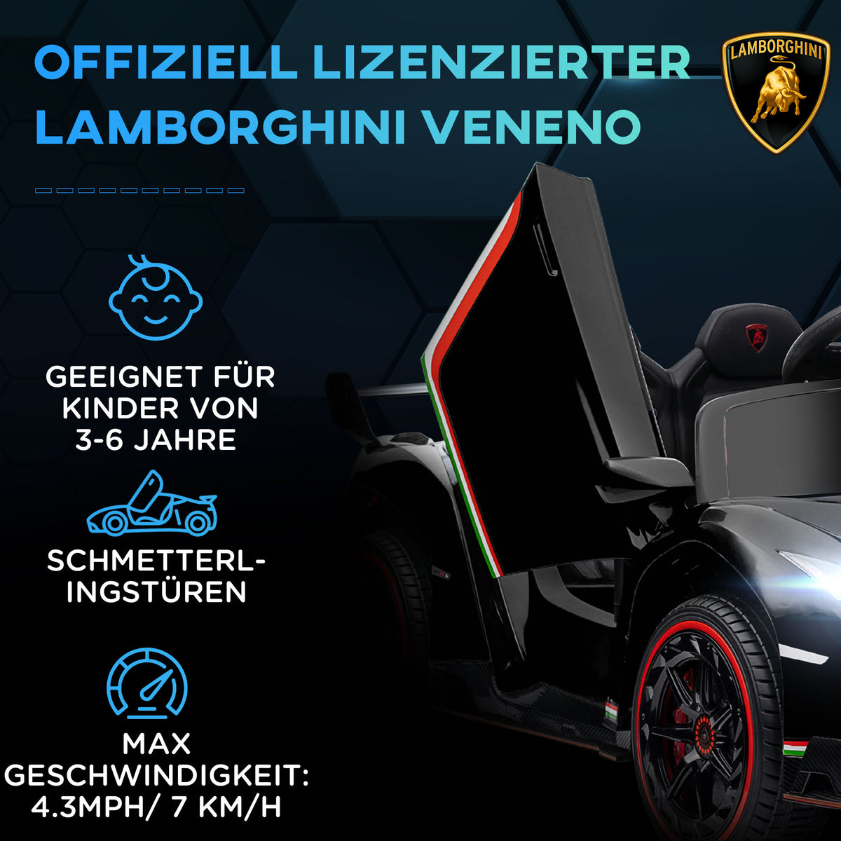 HOMCOM Elektro Kinderauto, lizenzierter Lamborghini Veneno, 3-7 km/h, Flügeltüren, Musikplayer, Fernsteuerung, Schwarz