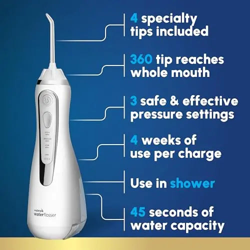 Waterpik Cordless Advanced 2.0 Water Flosser – White WP-580, ADA Accepted, Travel Bag, 4 Tips, Rechargeable, Waterproof