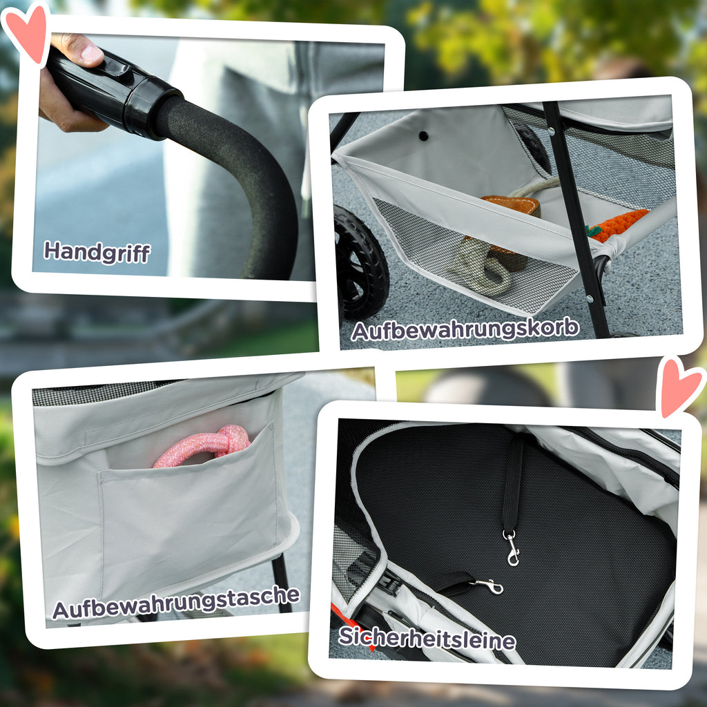 PawHut 3-in-1-Haustierkinderwagen, zusammenklappbarer Hundewagen mit 4 Rädern und abnehmbarer Trage für Hunde und Katzen, Grau