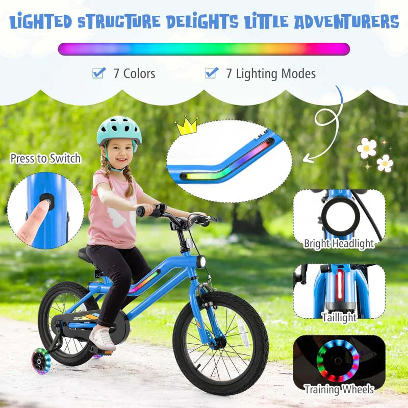 16/18 Inch LED Lighted Kids Bike with Training Wheels, Headlight, Adjustable Seat & Dual Brakes, Children Bicycle for Ages 4-8 Years