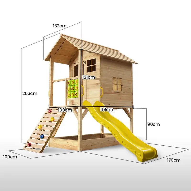 ROVO KIDS Wooden Tower Playhouse – Outdoor Cubby House with Slide, Climbing Wall & Sandpit