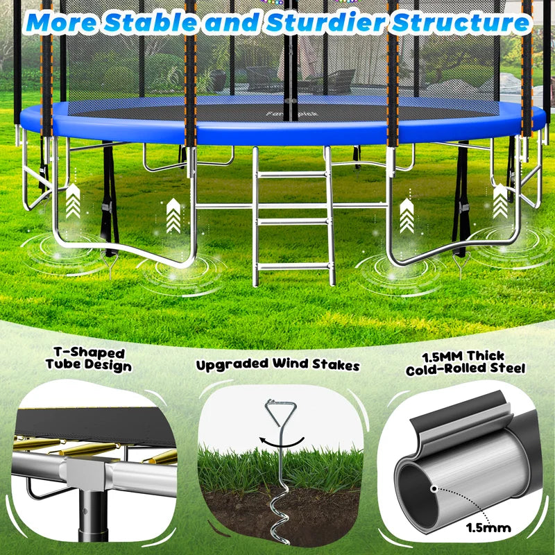16FT Trampoline for 8 - 9 Kids Adults with Basketball Hoop, Enclosure, Light, Sprinkler, Socks, 2000 lb Outdoor Round Heavy Duty Recreational Backyard Trampoline