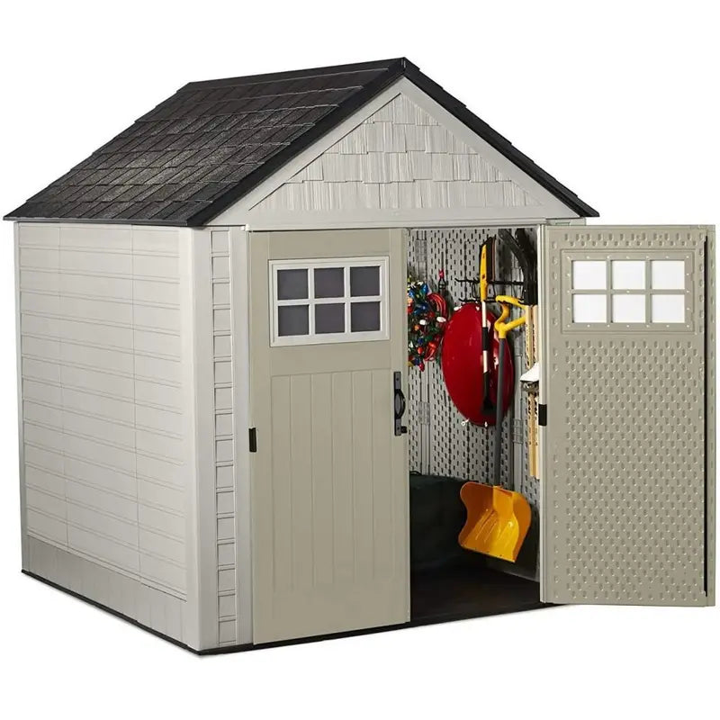 Rubbermaid 7 ft x 7 ft Outdoor Storage Shed – Weather-Resistant Resin Garden Shed with Windows and Utility Hooks (Sand)