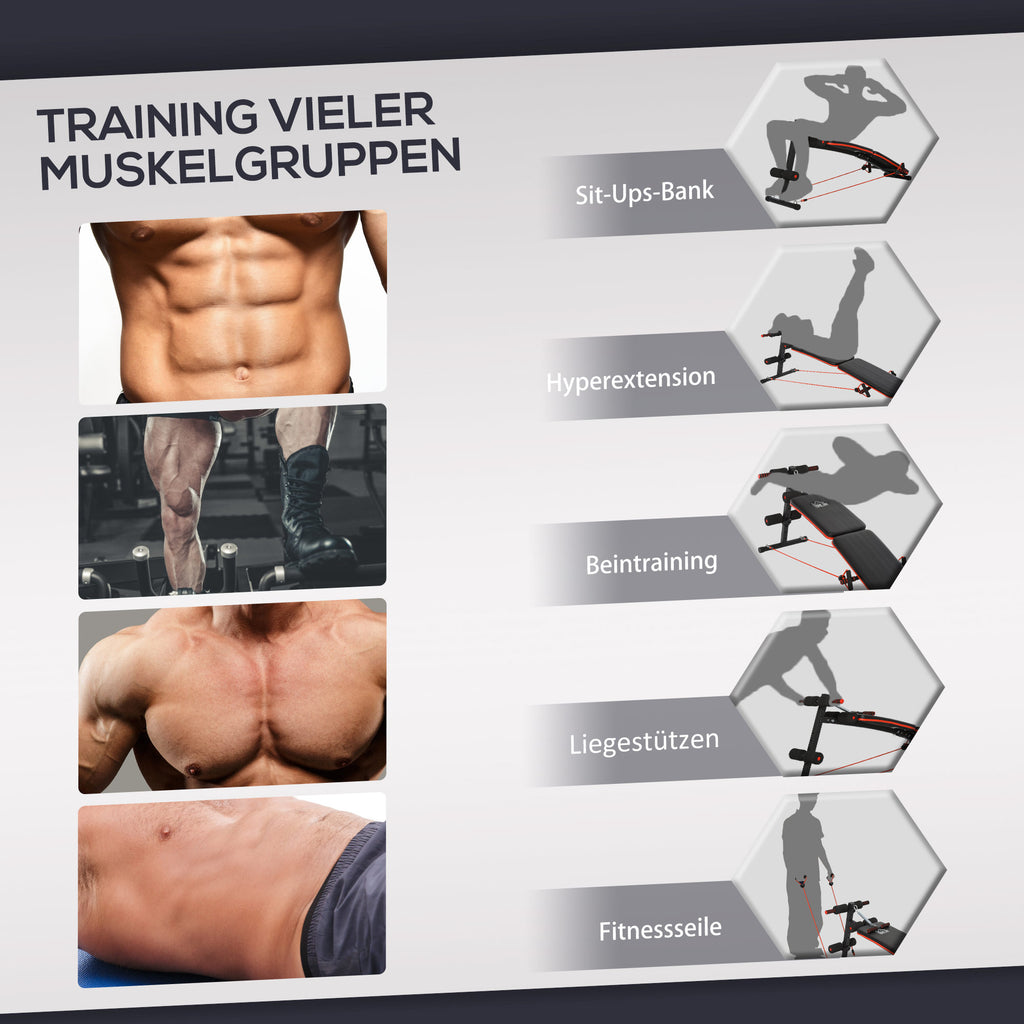 HOMCOM Sit Up Bank Bauchtrainer mit Trainingsseile Trainingsbank Multifunktion Verstellbar&klappbar 110 kg Belastbarkeit Stahl Schwarz+Rot 137 x 51 x 50-66 cm
