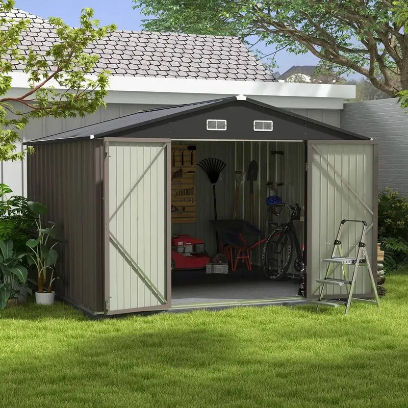 Patiowell 10′ x 10′ Heavy-Duty Metal Storage Shed – Sloped Roof Design with Dual Lockable Doors
