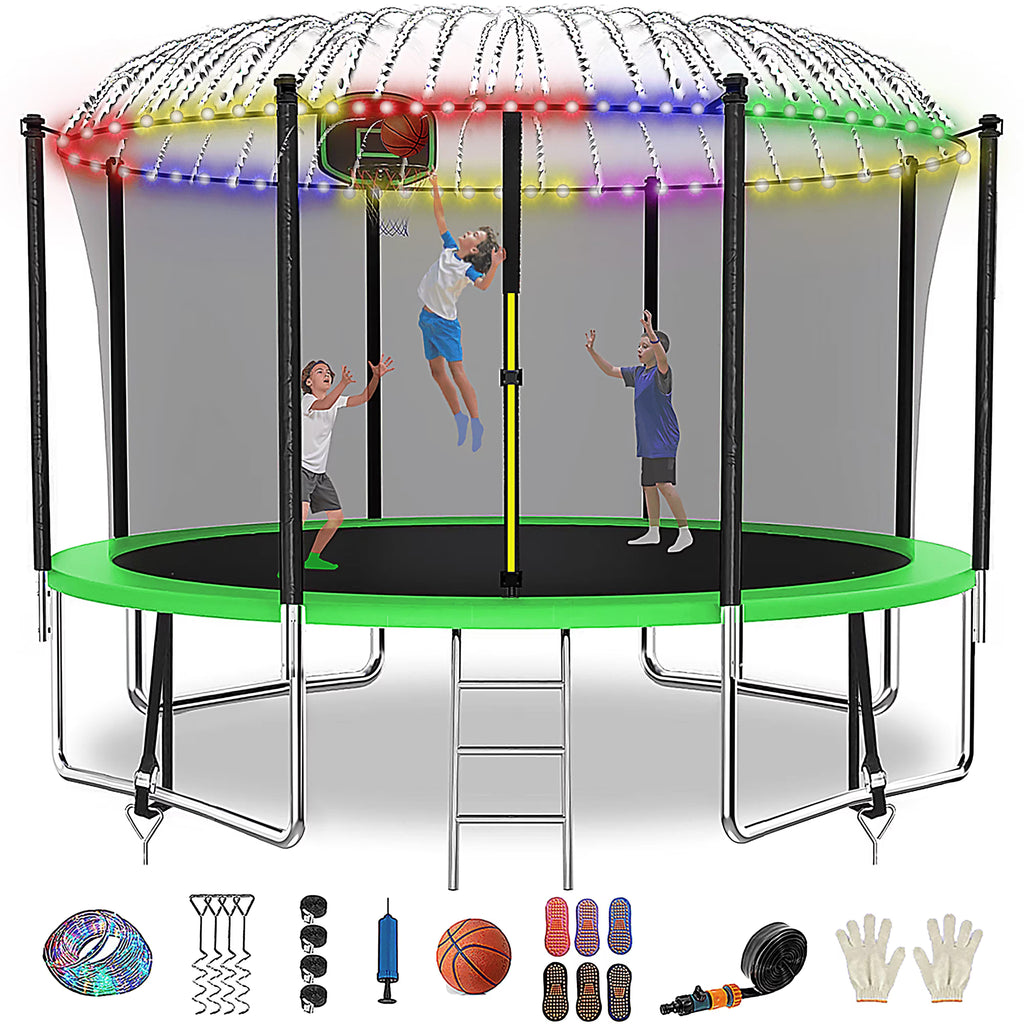 16FT Trampoline for 8 - 9 Kids Adults with Basketball Hoop, Enclosure, Light, Sprinkler, Socks, 2000 lb Outdoor Round Heavy Duty Recreational Backyard Trampoline