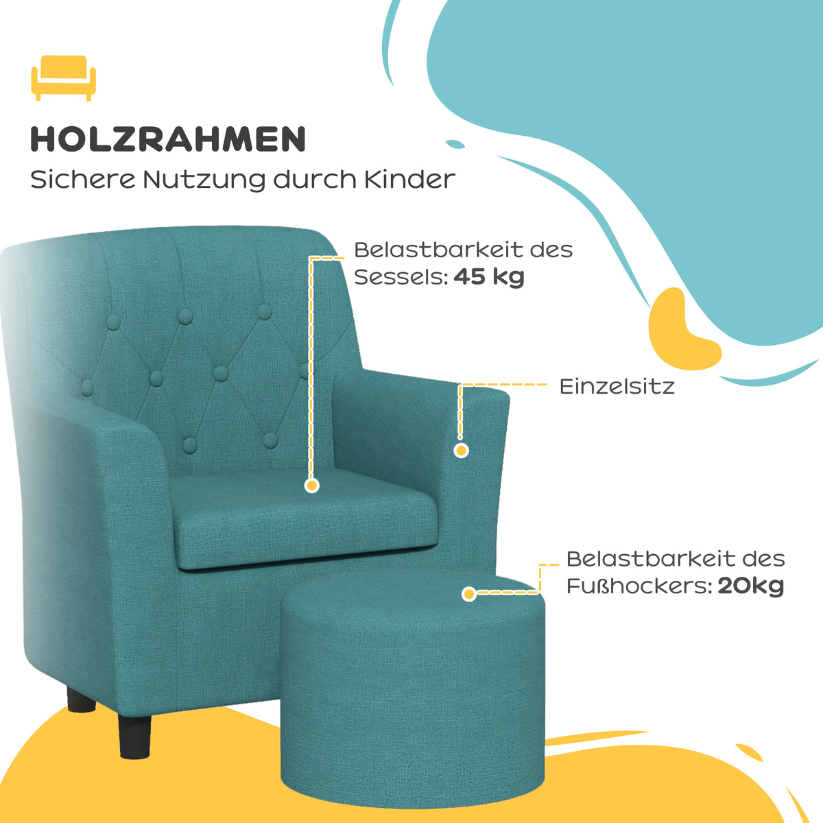 AIYAPLAY Kindersessel mit Hocker, Rückenlehne Diamantmuster, weiche Sitzfläche, Holzrahmen, Blau