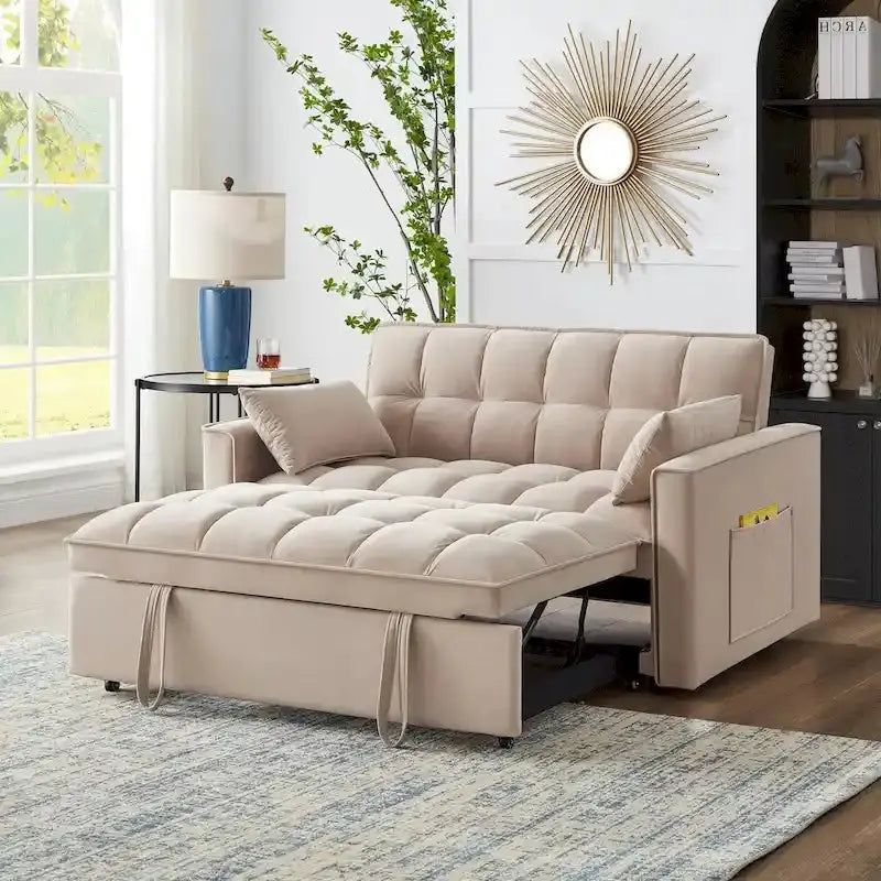 Versatile Tufted Loveseat Sofa Bed: Pull-Out Sleeper with Adjustable Backrest & Built-In Storage Pockets