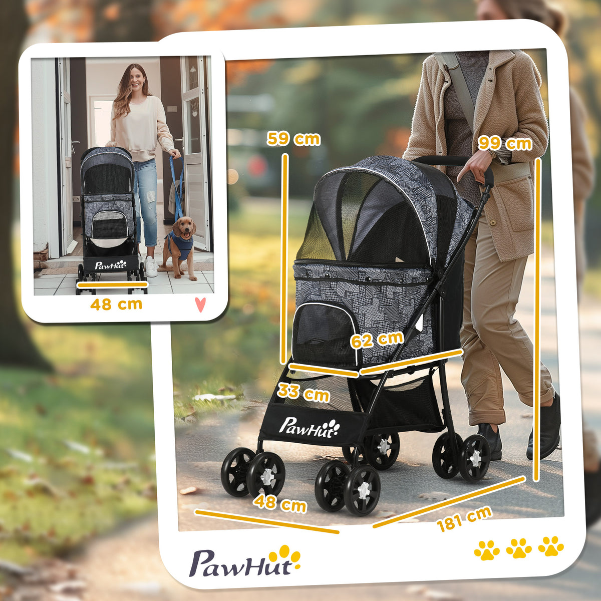PawHut Hundebuggy Hundewagen bis 10kg klappbar verstellbares Vordach Bodenkorb Kissen Seitentasche 81 cm x 48 cm x 99 cm Grau