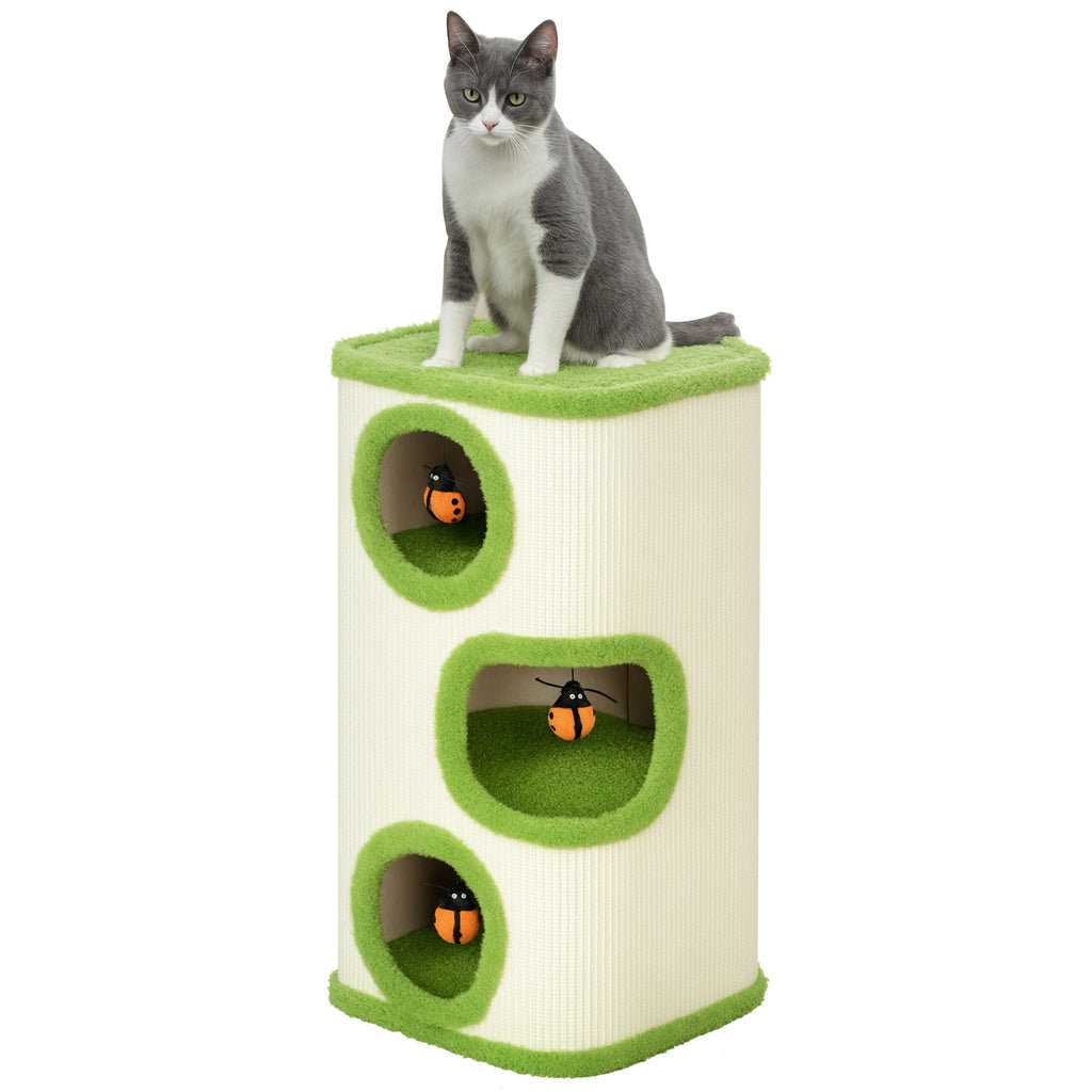 PawHut Kratzturm, 76 cm, Katzenhöhlen mit Plüsch, Kratzfläche, Spielzeug, Grün/Cremeweiß