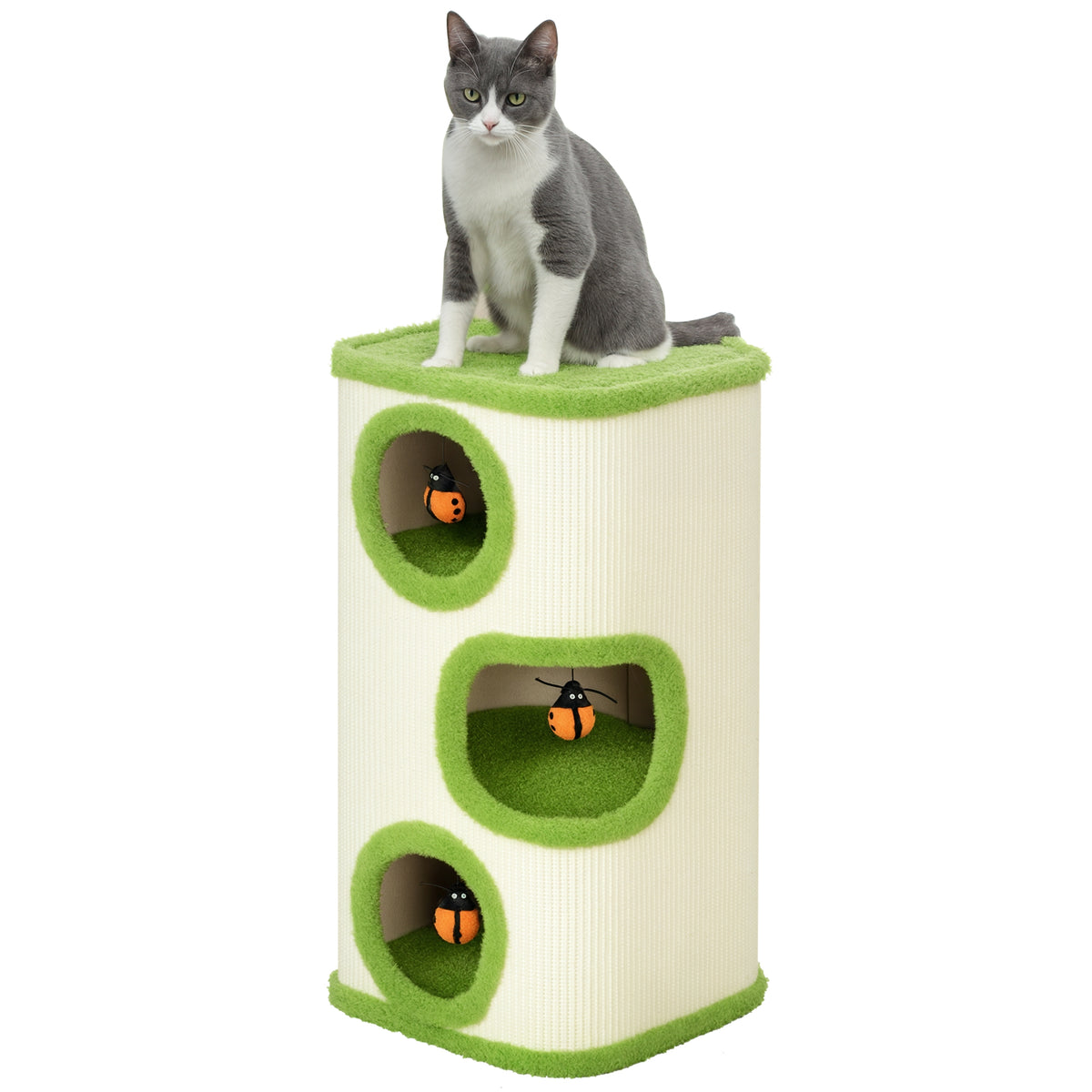 PawHut Kratzturm, 76 cm, Katzenhöhlen mit Plüsch, Kratzfläche, Spielzeug, Grün/Cremeweiß