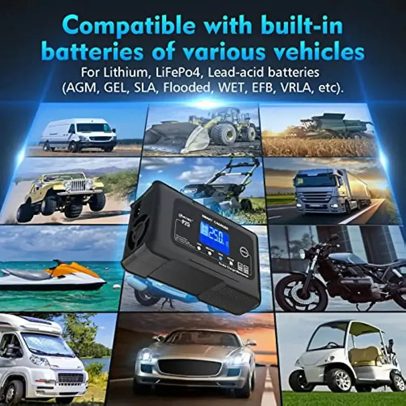 Smart 25A Dual-Voltage Battery Charger — Supports LiFePO4, Lithium, AGM, Gel, and SLA Batteries