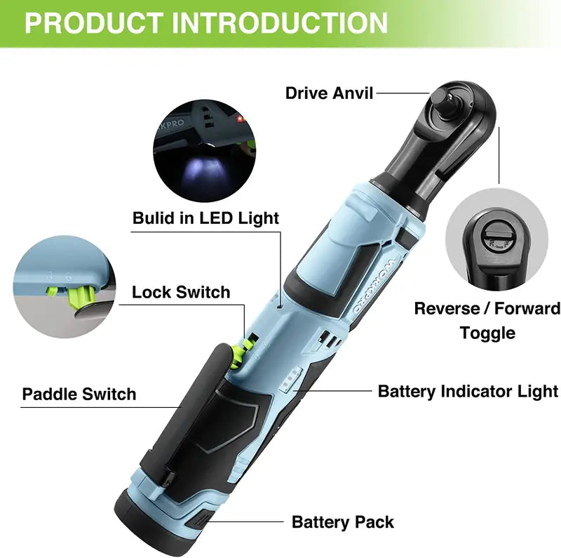 WORKPRO 12V Cordless Electric Ratchet Wrench – 3/8″ Drive, 40 Ft-lbs Torque, Includes 9-Piece Accessory Kit
