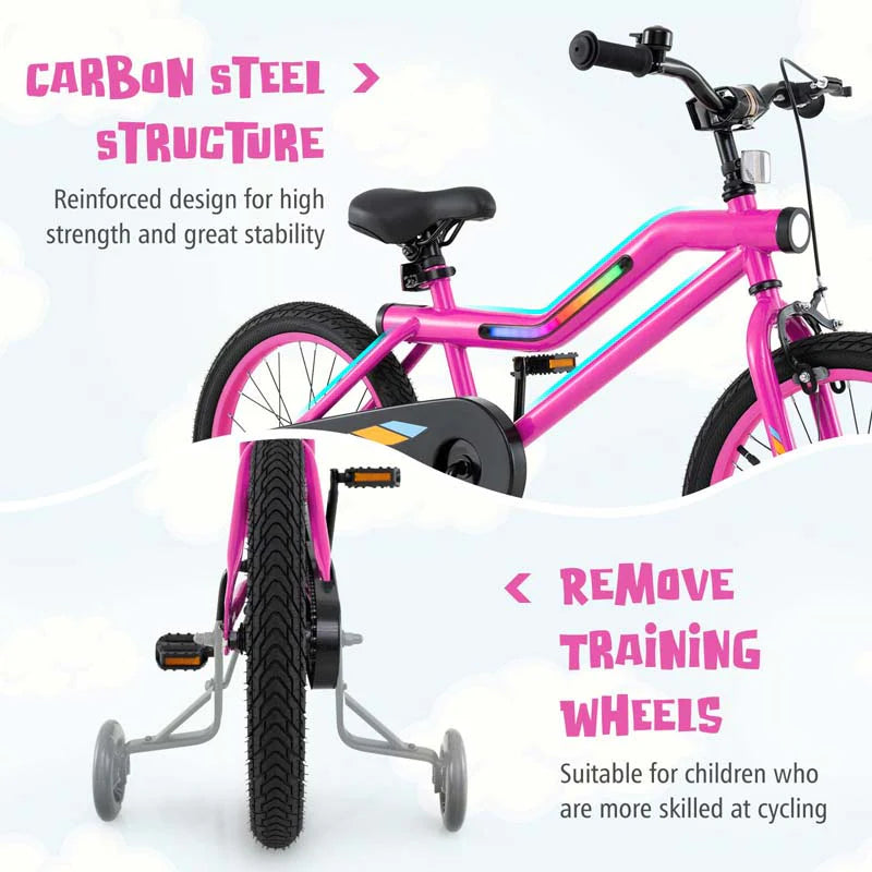 16/18 Inch LED Lighted Kids Bike with Training Wheels, Headlight, Adjustable Seat & Dual Brakes, Children Bicycle for Ages 4-8 Years