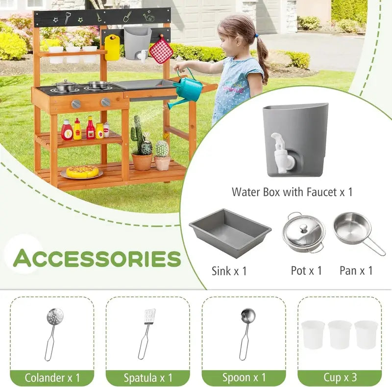 OLAKIDS Outdoor Mud Kitchen Playset – Rolling Wooden Kids' Cooking Station with Removable Sink, Accessories, and All-Terrain Wheels for Ages 3+