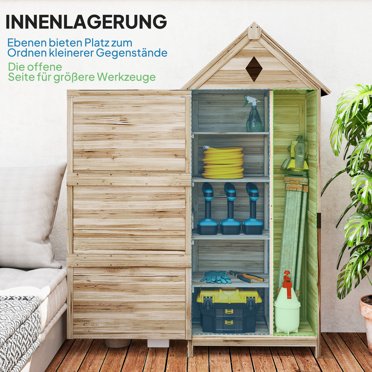 Outsunny Gartenschuppen mit 4 Regalen, Lagerschuppen aus Holz, wasserdichtes Asphalt-Dach, 80 x 49 x 170 cm, Hellbraun