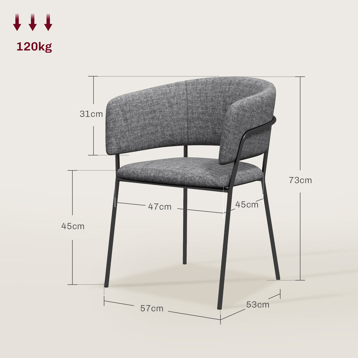 HOMCOM 2er Set Esszimmerstühle mit Stahlbeinen, gepolsterter Sitzfläche aus Leinenstoff, grau