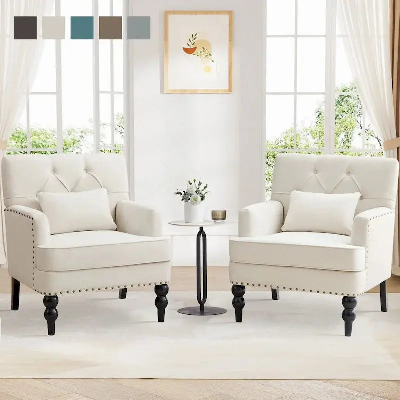 Set of 2 Tufted Accent Armchairs – Button-Down Upholstery with Lumbar Support Pillow (Beige/Grey/Light Blue)