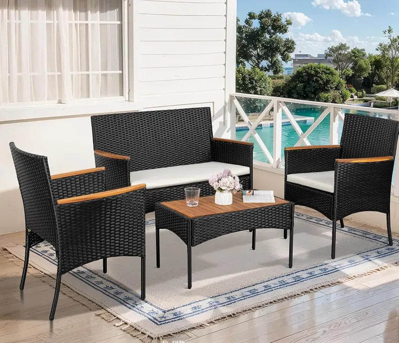 Shintenchi Wicker Patio Conversation Set — 4-Piece Outdoor Furniture Ensemble with All-Weather Cushions