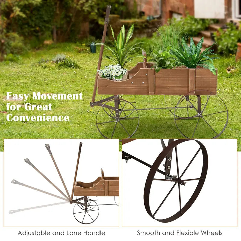 Wooden Wheeled Wagon Planter – Decorative Rolling Garden Planter for Patios and Landscapes