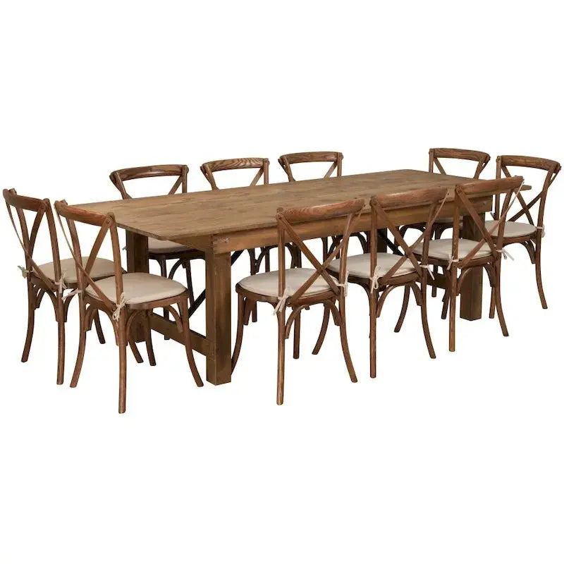 Rustic Farmhouse Folding Dining Set – 8-Foot Table with 10 Cross-Back Chairs and Seat Cushions
