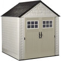 Rubbermaid 7 ft x 7 ft Outdoor Storage Shed – Weather-Resistant Resin Garden Shed with Windows and Utility Hooks (Sand)