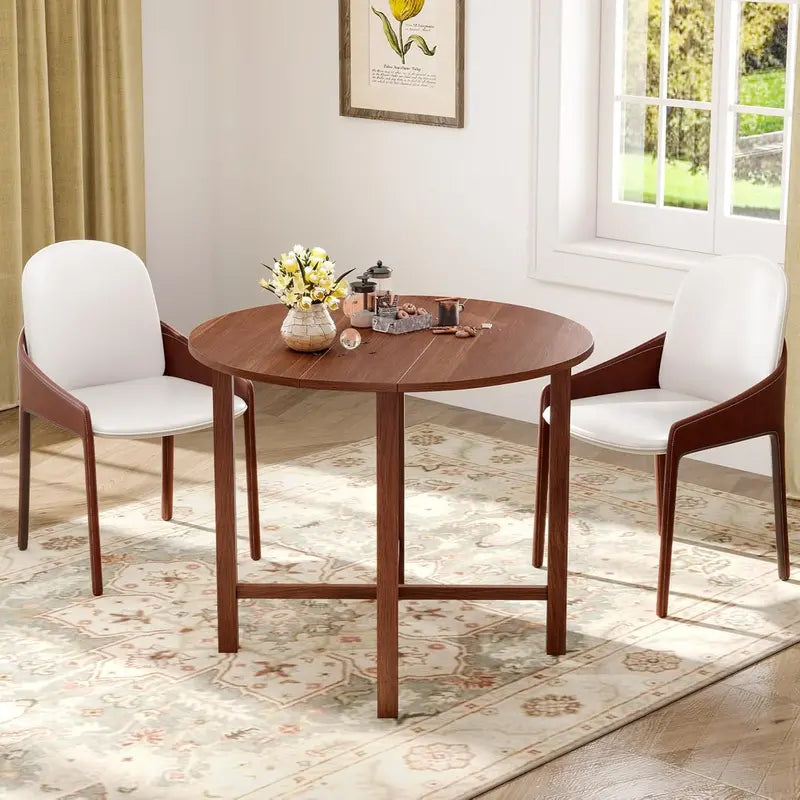 Walnut Round Drop-Leaf Dining Table – Extendable Farmhouse Table for 2–4, Solid Wood Legs