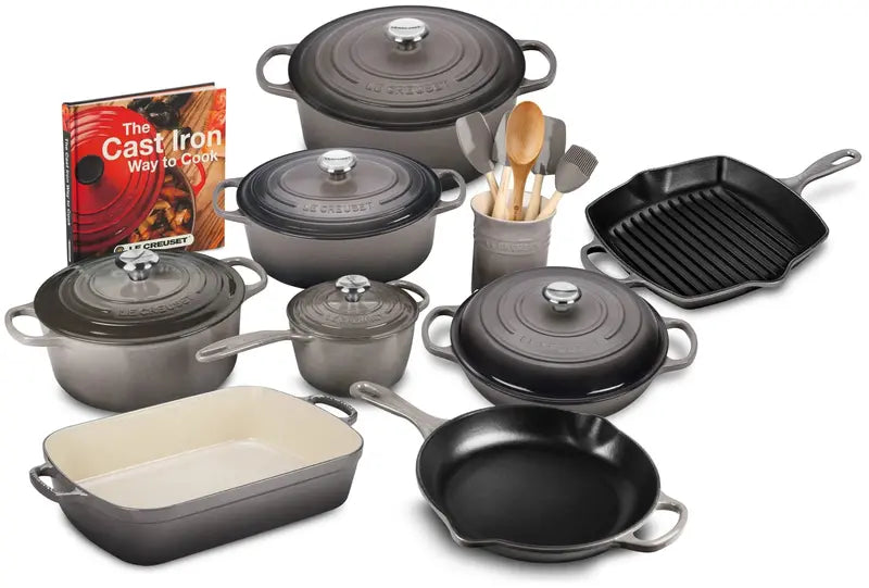 Premium 20-Piece Cast Iron Cookware Collection Including Skillet and Lidded Saucepan