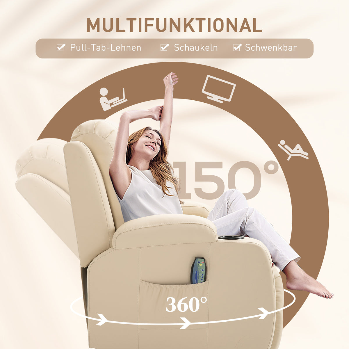 HOMCOM Massagesessel, Relaxsessel, Wippfunktion, 8 Vibrationspunkte, inkl. Fernbedienung, Creme
